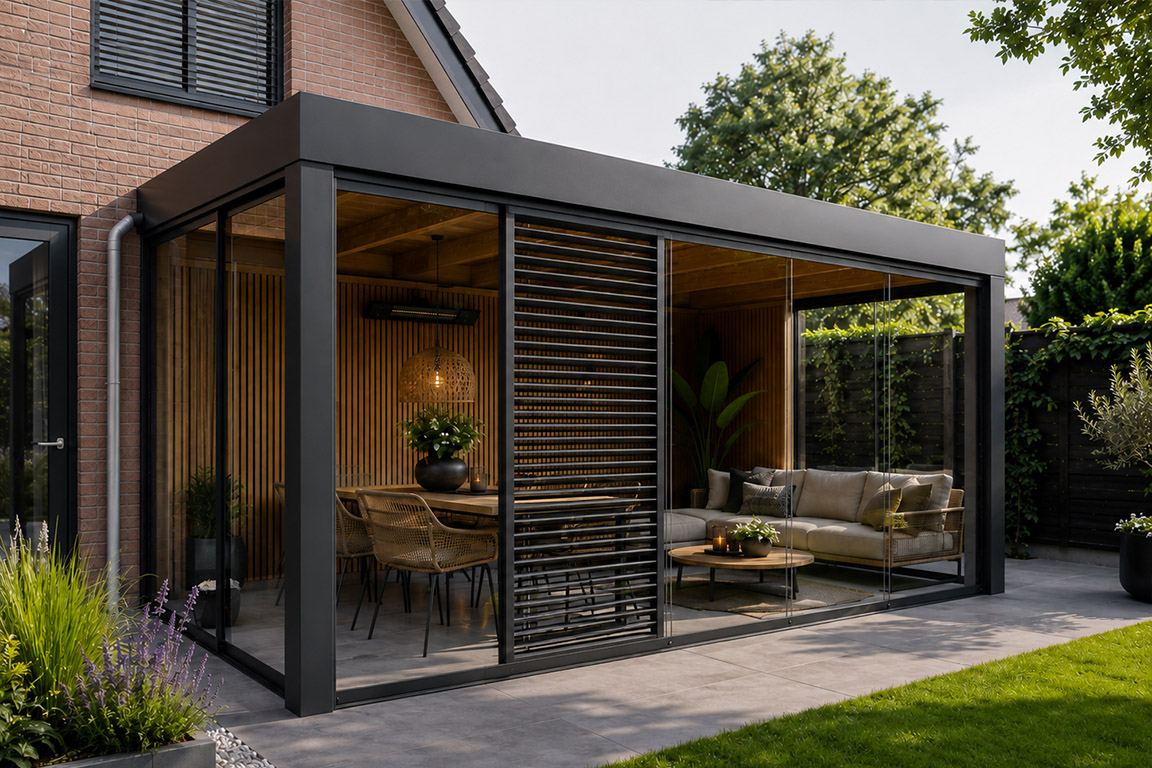 Glazen schuifwand met louvrepanelen 11 Glazen schuifwand met louvrepanelen - Afbeelding 11