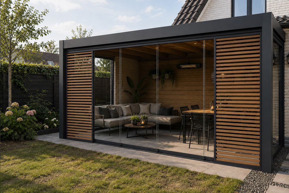 Glazen schuifwand met louvrepanelen 2 Glazen schuifwand met louvrepanelen - Afbeelding 2