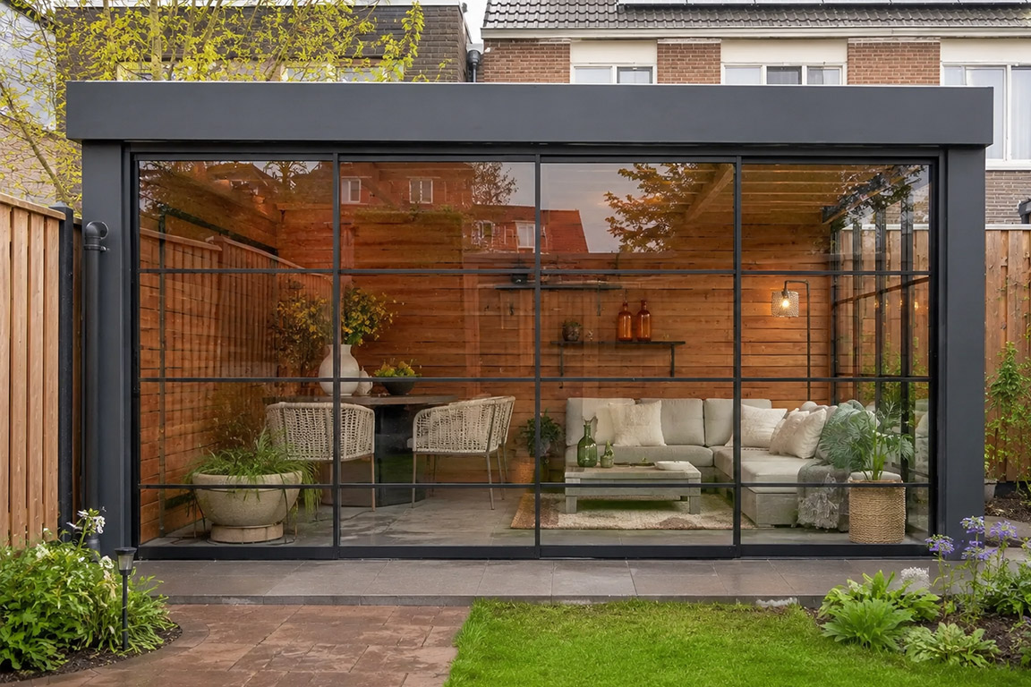 Glazen schuifwand met steellook 1 Glazen schuifwand met steellook